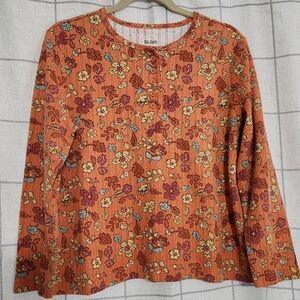 Blair Fall floral print long-sleeve pointelle henley top. 